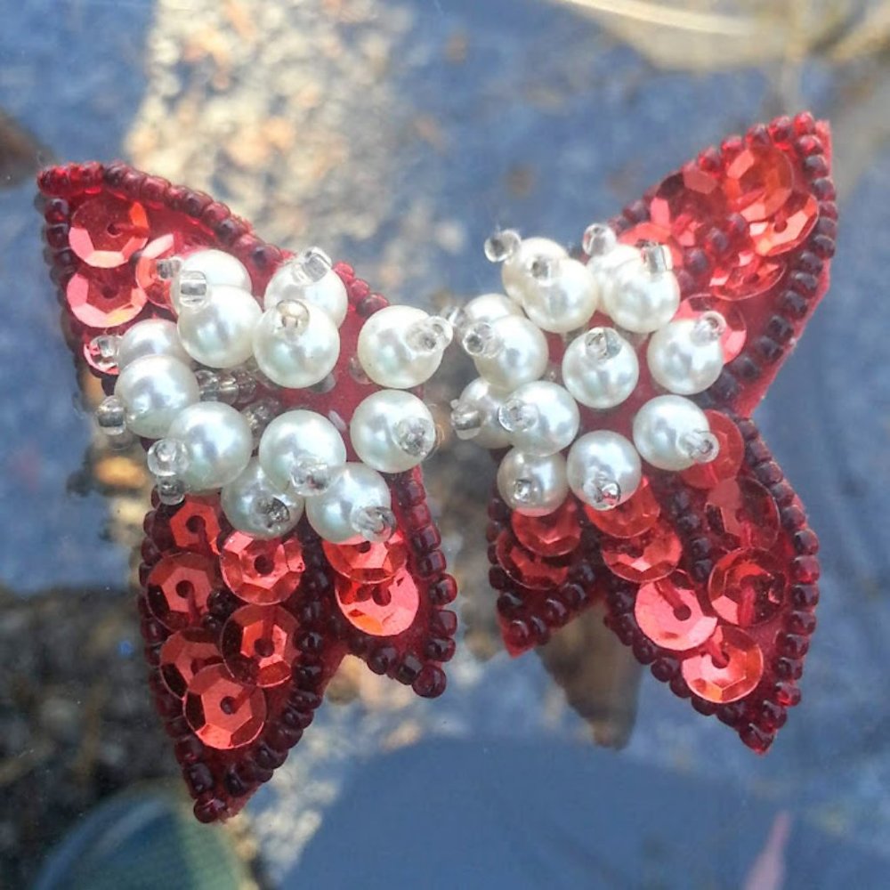 Vintage Christmas Red Sequin faux pearl Hand Made clip-on earrings 2"